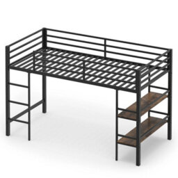 Single Size Low Loft Bed With Shelves Ladder Metal Bed - thumbnail 6