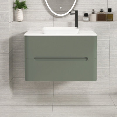 Royal Bathrooms Venice 800mm Sage Green Wall Mounted Bathroom Countertop Vanity Unit 2 Drawer With Qubix Basin - image 1