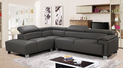 Genuine Leather Mid Grey Left Hand Facing Corner Sofa - image 1