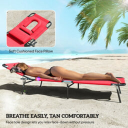 Outsunny Folding Sun Lounger Reclining Chair W/ Pillow Reading Hole Red - thumbnail 7