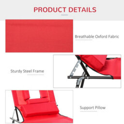 Outsunny Folding Sun Lounger Reclining Chair W/ Pillow Reading Hole Red - thumbnail 6
