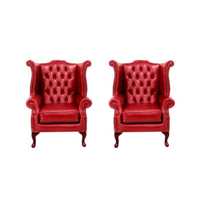 Chesterfield 2 X Chairs Old English Gamay Red Leather Chairs Offer In Queen Anne Style