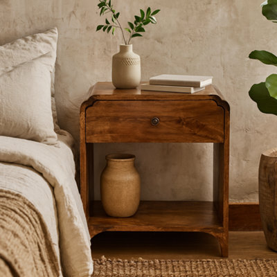 Wyld Haus Lanta Scalloped Mango Wood Bedside Table With Drawer, Chestnut Finish - image 1