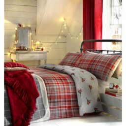 Dreams & Drapes Robin 100% Brushed Cotton Winter Print Red Duvet Cover Set - thumbnail 2