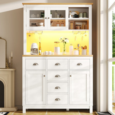 Abrihome Sideboard, Storage Cabinet, Kitchen Cabinet, Buffet Cabinet, Farmhouse Style, 5 Doors, With Led Light Strip & Drink Holders, White - image 1