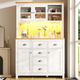 Abrihome Sideboard, Storage Cabinet, Kitchen Cabinet, Buffet Cabinet, Farmhouse Style, 5 Doors, With Led Light Strip & Drink Holders, White - thumbnail 1