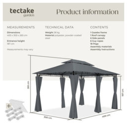 Tectake Gazebo Emine - 4 X 3 M, Double Roof System, 6 Side Panels, Water-Repellent 400 X 300 X 265 Cm - Anthracite - thumbnail 6
