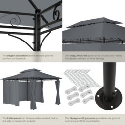Tectake Gazebo Emine - 4 X 3 M, Double Roof System, 6 Side Panels, Water-Repellent 400 X 300 X 265 Cm - Anthracite - thumbnail 5