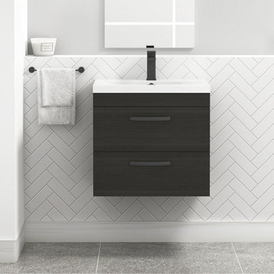 Royal Bathrooms Turin Hale Black 600mm Wall Hung Vanity Unit 2 Drawer With Mid-Edge Basin Sink & Matt Black Handles - image 1