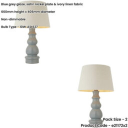 Loops 2 Pack Blue Grey Glaze & Satin Nickel Plate Table Lamp - Ivory Linen Fabric - 660mm Tall Light - thumbnail 2