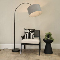 Valuelights Louis Black Arched Curved Floor Lamp With Grey Fabric Drum Lamp Shade And Led Bulb