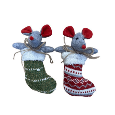 Gisela Graham Christmas Set Of 2 Felt Mice In Stockings, 18 X 10.5 Cm - Tree Decorations And Mantel Ornaments