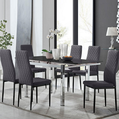 Furniturebox Uk Enna Black Glass Extending Dining Table And 6 Black Velvet Milan Black Leg Chairs - image 1