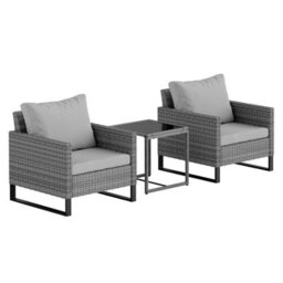 Outsunny 3Pcs Rattan Bistro Set Glass Top Table And Chairs With 4 Cushions Grey - thumbnail 2