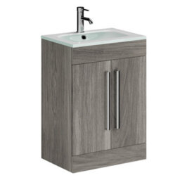 Plum&clay Novela Grey Wood Floor Standing Vanity Unit With Glass Basin (W)600mm - thumbnail 1