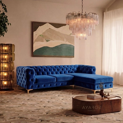 Monaco Chesterfield 3 Seater Chaise Sofa Blue Velvet L Shaped Corner Chaise- Right Hand Deep Buttoned Upholstery Couch Lounge - image 1
