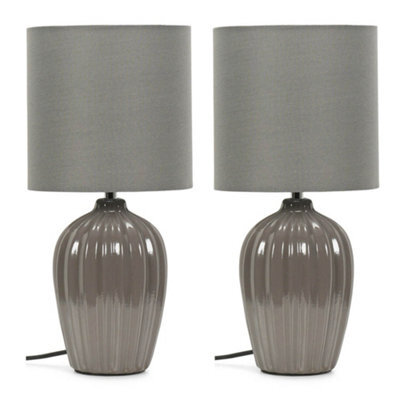 Valuelights Carbone Pair Of Grey Fluted Ceramic Bedside Table Lamps With A Fabric Lampshade - image 1