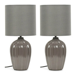 Valuelights Carbone Pair Of Grey Fluted Ceramic Bedside Table Lamps With A Fabric Lampshade