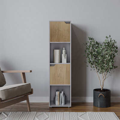 Urbn-Living Urbnliving 119Cm Height Grey 4 Cube Bookcase Shelving Display Shelf Storage Unit Oak Wooden Door Organiser - image 1