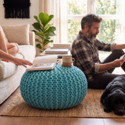 Bravich Duck Egg Blue Chunky Knitted Pouffe Footstool - 50Cm Round - thumbnail 3