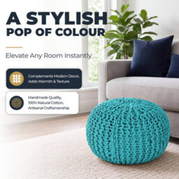 Bravich Duck Egg Blue Chunky Knitted Pouffe Footstool - 50Cm Round - thumbnail 8