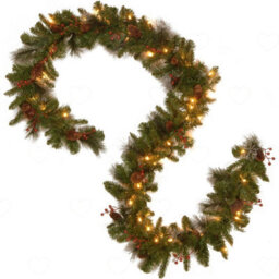 Amorly 2.7M Battery Operated Pre Lit Christmas Garland, Artificial Greenery Garland With Warm White Led, Pinecones Red Berries For Xmas - thumbnail 1