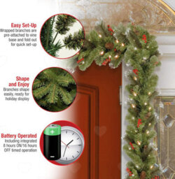 Amorly 2.7M Battery Operated Pre Lit Christmas Garland, Artificial Greenery Garland With Warm White Led, Pinecones Red Berries For Xmas - thumbnail 2
