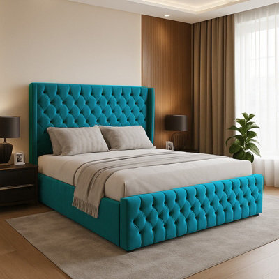 Adore Designs Chesterfield Winged Plush Velvet Sleigh Bed, With Footboard - 6Ft Super King - Mallard - image 1