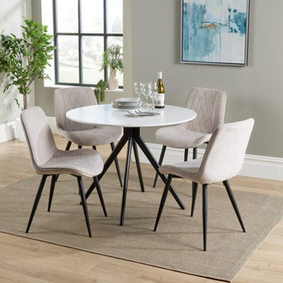 Core Products Aspen White 100Cm Round Dining Table With 4 Natural Fabric Diamond Stitch Design Chairs - image 1