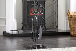 Fire32 All Black Scroll Top 5 Piece Companion Set Fireplace Tools With Poker, Brush, Shovel & Tongs - thumbnail 2