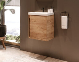 Impact Furniture Bathroom Vanity Unit And Basin 500mm Cloakroom Sink Wall Hung Cabinet Oak Finish Slimline Narrow Avir - thumbnail 2