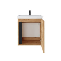 Impact Furniture Bathroom Vanity Unit And Basin 500mm Cloakroom Sink Wall Hung Cabinet Oak Finish Slimline Narrow Avir - thumbnail 4