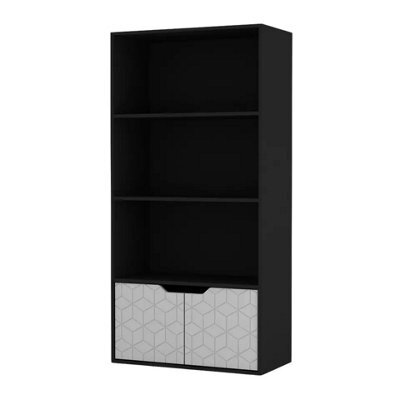 Urbn-Living Urbnliving 4 Tier Black Wooden Bookcase Cupboard With White Geo Doors Storage Shelving Display Cabinet - image 1