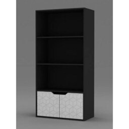 Urbn-Living Urbnliving 4 Tier Black Wooden Bookcase Cupboard With White Geo Doors Storage Shelving Display Cabinet - thumbnail 2