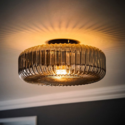 Valuelights Calpe Large Matte Black Flush Ceiling Light With Ribbed Smoked Shade And Bulb - image 1