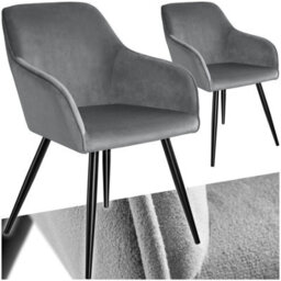 Tectake Set Of 2 Dining Chair Marilyn - With Armrests, Padded, Velvet Look, Black Steel Legs  - Grey/black