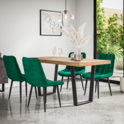 More4Homes Aria Dining Table And Chairs -  Oak Effect Table Top W Black Legs + Nova Velvet Dining Chair Set Of 4 (Green)