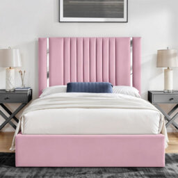 UKBEDFURNITURE Valencia Pink Plush Valvet Upholstered Bed Frame - Slatted Base With 10 Inch Orthopedic Mattress - 48 Inch Headboard