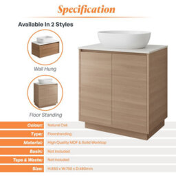 Plum&clay Matterhorn Oak Floor Standing Bathroom Vanity Unit With White Countertop (W)750mm (H)850mm - thumbnail 4