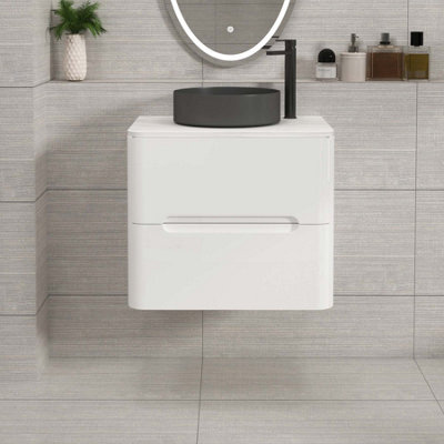 Royal Bathrooms Venice 600mm Gloss White Wall Mounted Bathroom Countertop Vanity Unit 2 Drawer With Art Round Basin - image 1