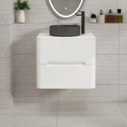 Royal Bathrooms Venice 600mm Gloss White Wall Mounted Bathroom Countertop Vanity Unit 2 Drawer With Art Round Basin - thumbnail 1