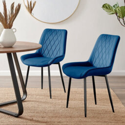 Furniturebox Set Of 2 Pesaro Luxury Navy Soft Touch Diamond Stitched Velvet Black Powder Coated Metal Leg Dining Chairs
