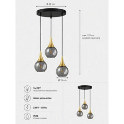 Luminosa Lighting Luminosa Lacrima Cluster Pendant Ceiling Light Black, Gold Smoky Glass Shade 3X E27 - thumbnail 4