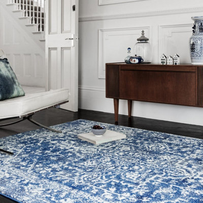 Navy Traditional Easy To Clean Floral Rug For Dining Room-160Cm X 230Cm - image 1
