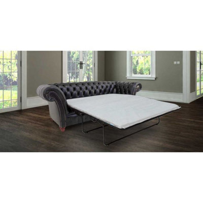 Chesterfield 3 Seater Old English Black Leather Sofabed In Balmoral Style