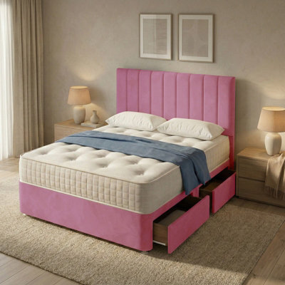 "Adore Designs Portland Plush Velvet Divan Bed, 50"" Headboard - 3Ft Single - Pink - 2 Drawers Same Side" - image 1
