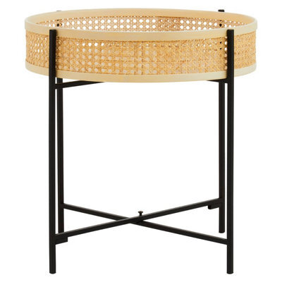 Orsina Natural Sleek Side Table With Cross Legs, Hand Woven Square Webbed Table, Rattan Top Wooden Lounge Table - image 1