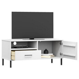 Berkfield Durable Tv Cabinet With Metal Legs White Solid Wood Pine Oslo - thumbnail 3