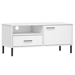Berkfield Durable Tv Cabinet With Metal Legs White Solid Wood Pine Oslo - thumbnail 1