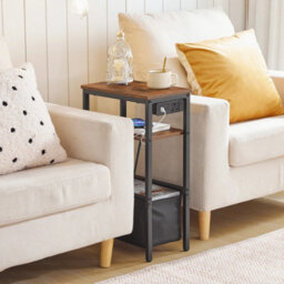 Bedside Table Record Player Stand Side Table With Charging Station Bookshelf - thumbnail 5